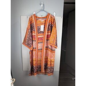 DR2 Orange Paisley Floral Print Kimono Duster Boho Open Front Women's LXL
